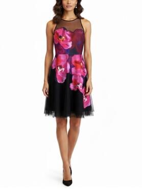 Badgley Mischka Black and Pink Cocktail Dress Floral Print Fit and Flare Size 10